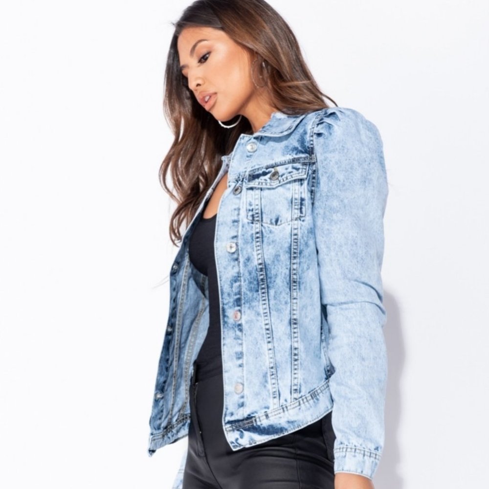 LAST 1! Acid Wash Long Puff Sleeve Denim Jacket - Picture 4 of 7